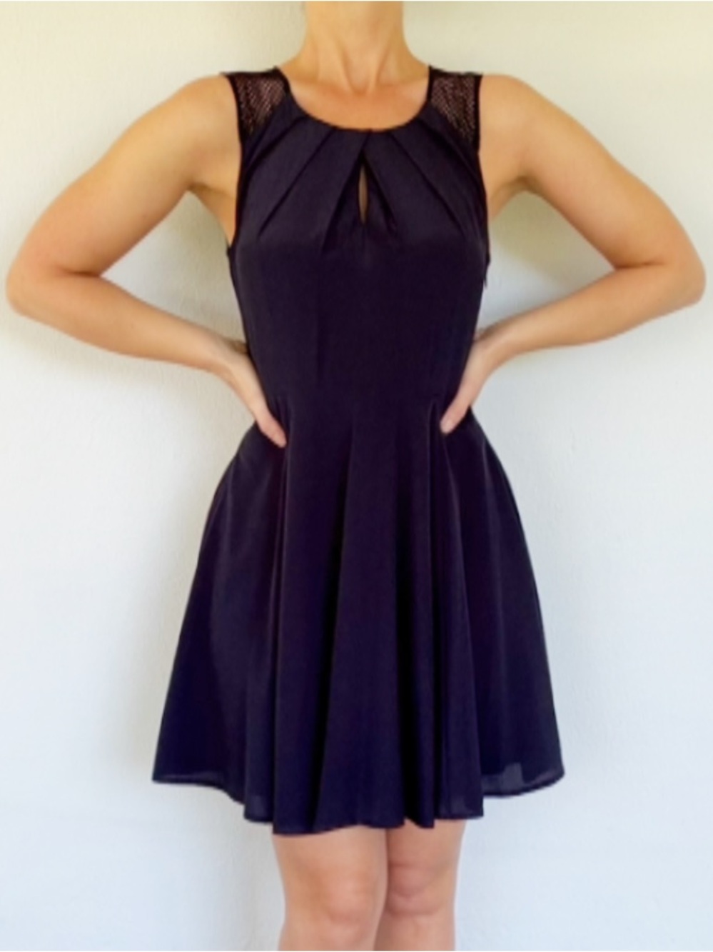 Express navy blue mesh trim keyhole neckline stretch skater dress size 4